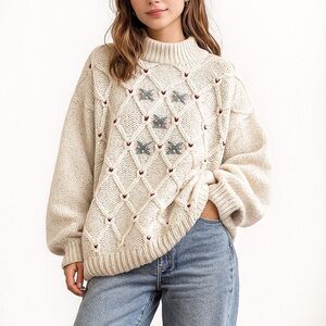 Vtg Sheridan Square Hand Knit Sweater 24W Ivory Cottagecore Berry Heart Pullover